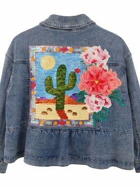 Crazy Train Denim Jacket with Sequin Cactus Patch & Pink Floral Appliqué